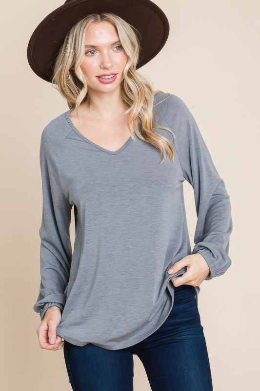 Casual V Neck Basic Long Sleeve Top - That Janis Style