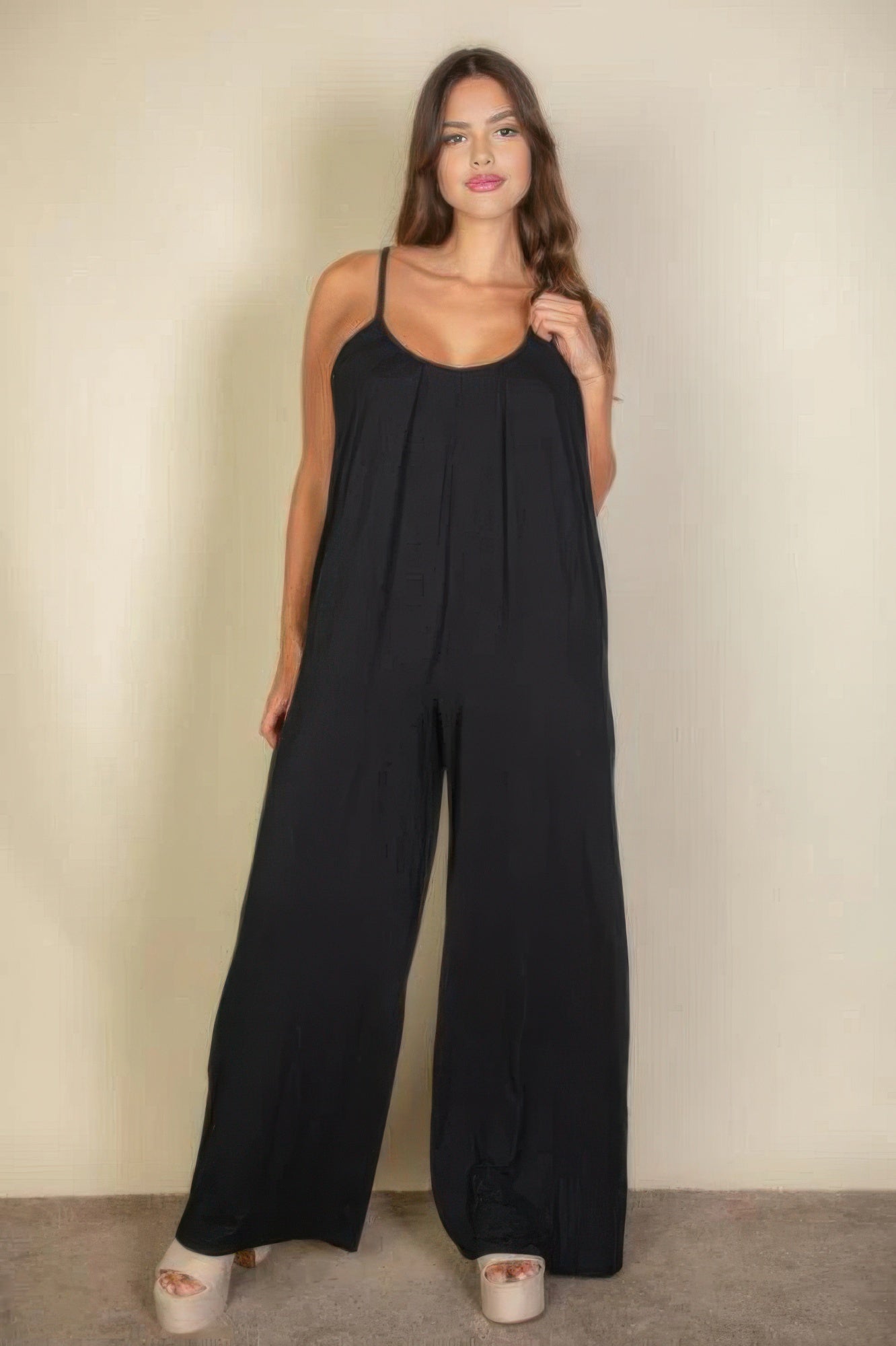 Plus spaghetti strap solid wide jumpsuit - That Janis Style