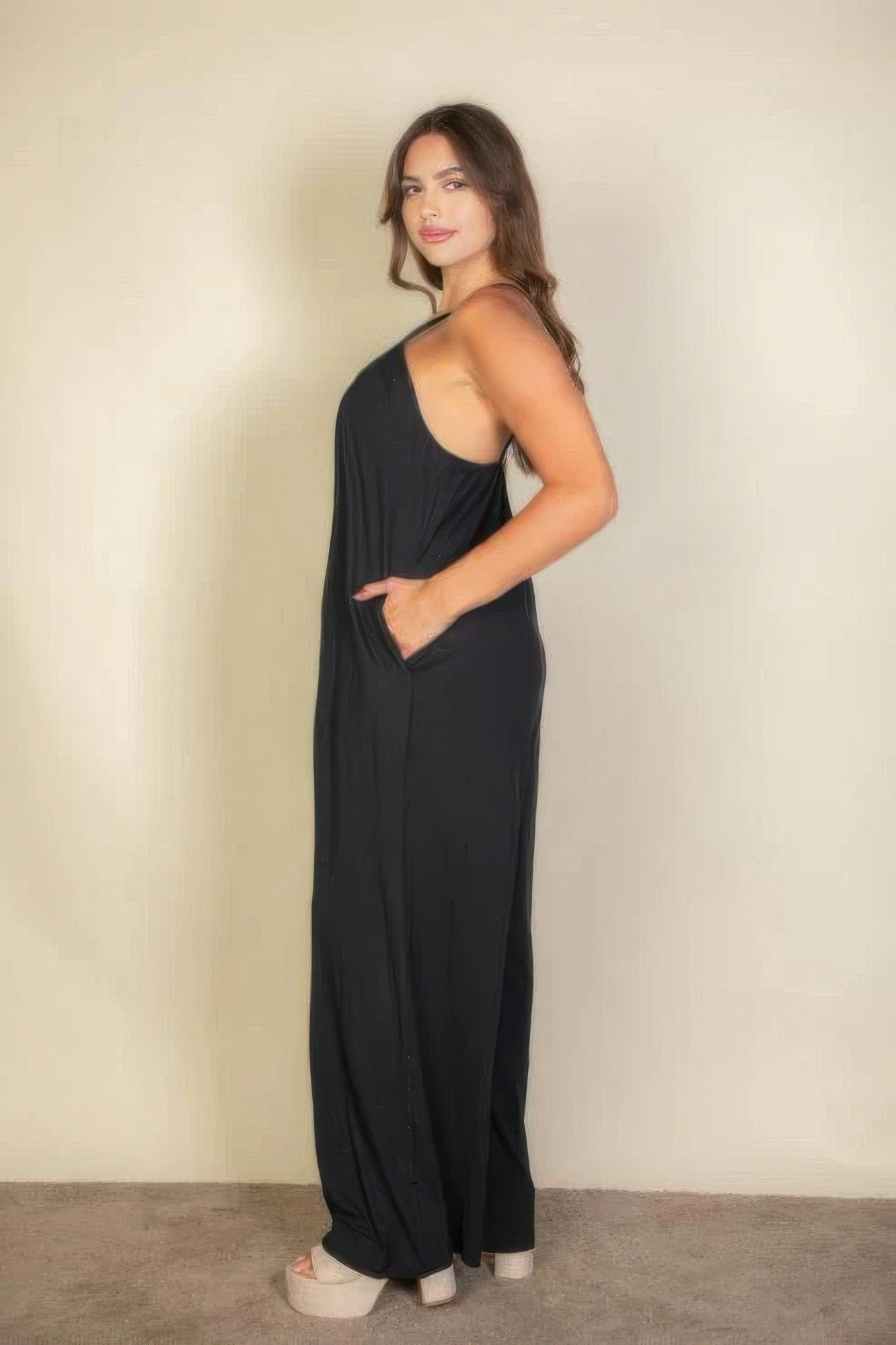 Plus spaghetti strap solid wide jumpsuit - That Janis Style