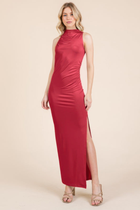 Back Cut Out Side Shirring Side Slit Maxi Dress - That Janis Style