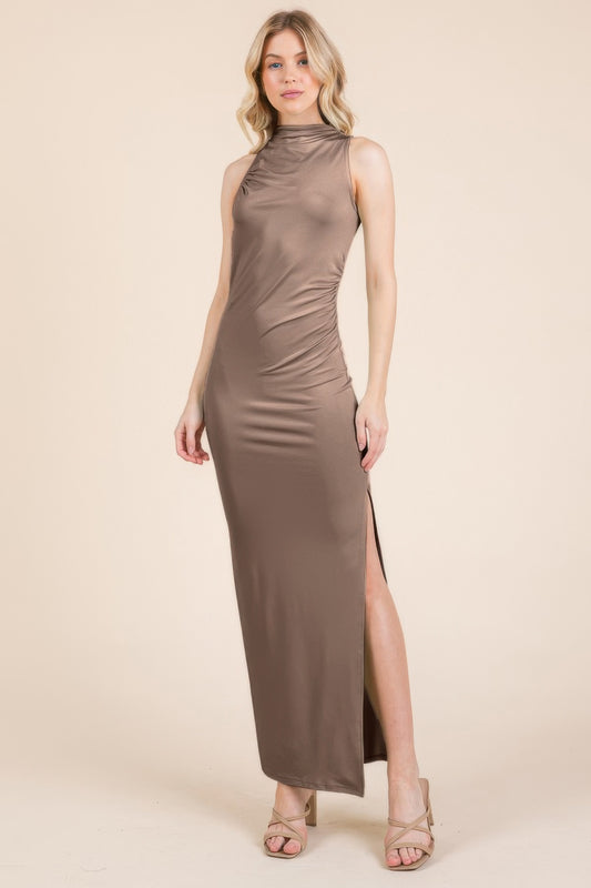 Back Cut Out Side Shirring Side Slit Maxi Dress - That Janis Style