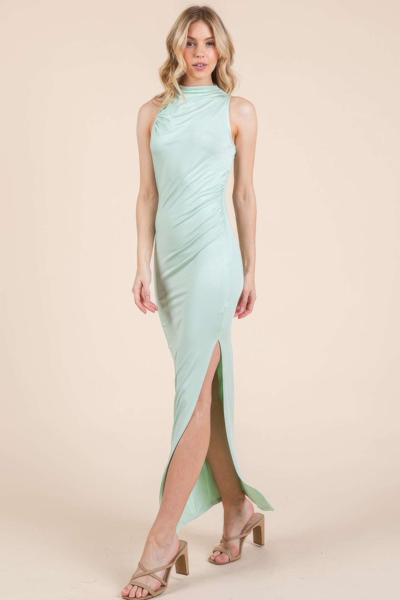 Back Cut Out Side Shirring Side Slit Maxi Dress - That Janis Style