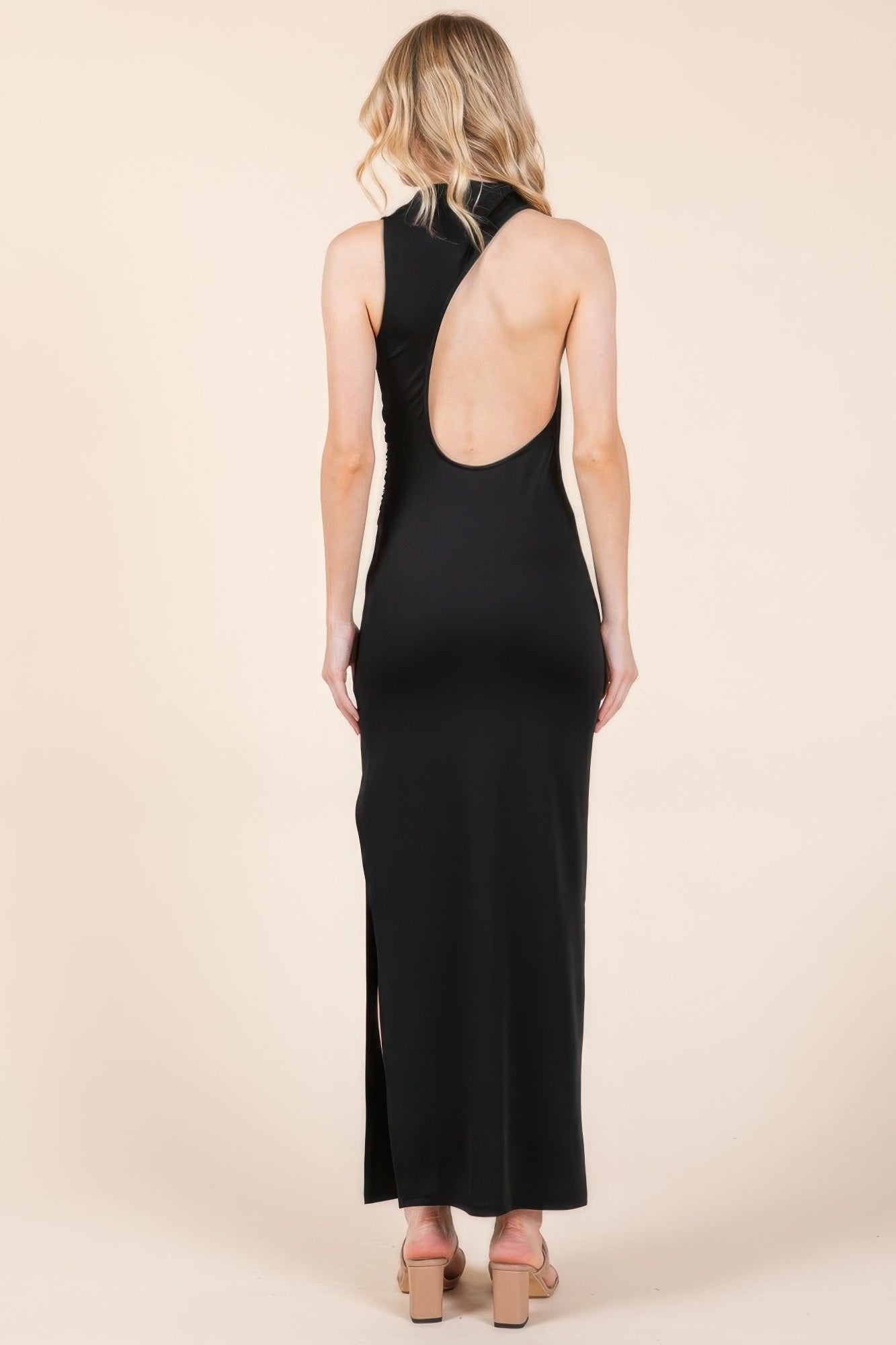 Back Cut Out Side Shirring Side Slit Maxi Dress - That Janis Style