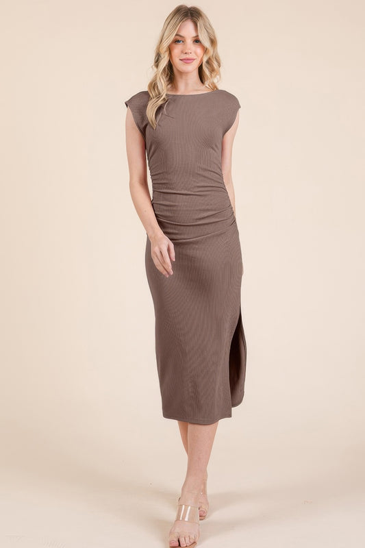 Cap Sleeve Boatneck Open Back Midi Dress - That Janis Style