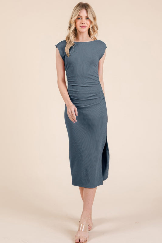 Cap Sleeve Boatneck Open Back Midi Dress - That Janis Style