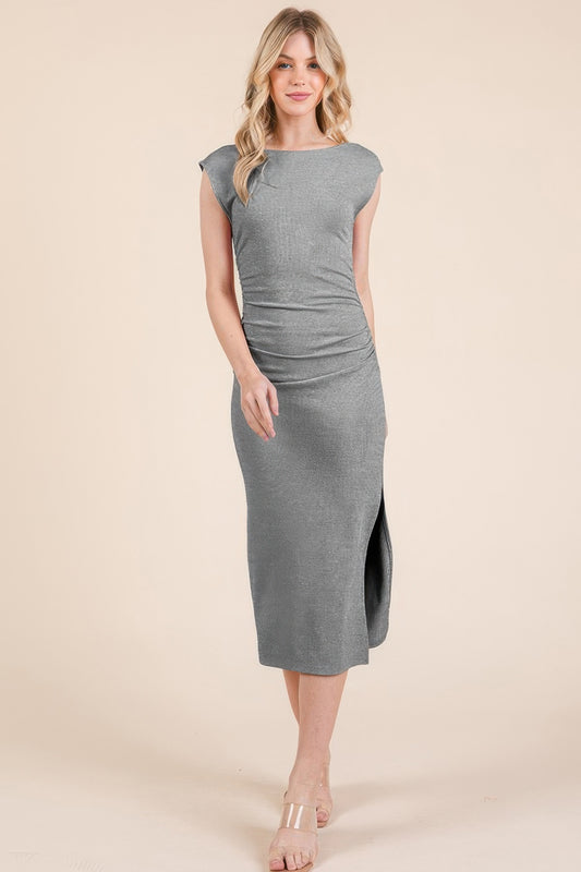Cap Sleeve Boatneck Open Back Midi Dress - That Janis Style