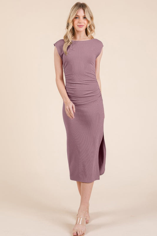 Cap Sleeve Boatneck Open Back Midi Dress - That Janis Style