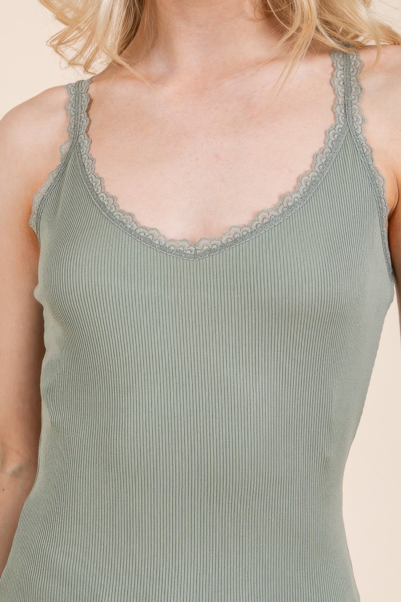 Ribbed V-neck Lace Trim With Strap Tank Top - That Janis Style