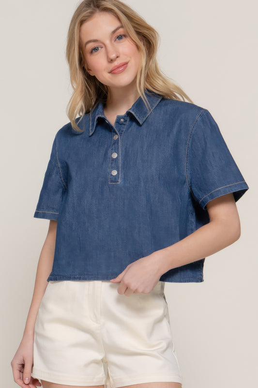 Short Sleeve Boxy Denim Shirt - That Janis Style