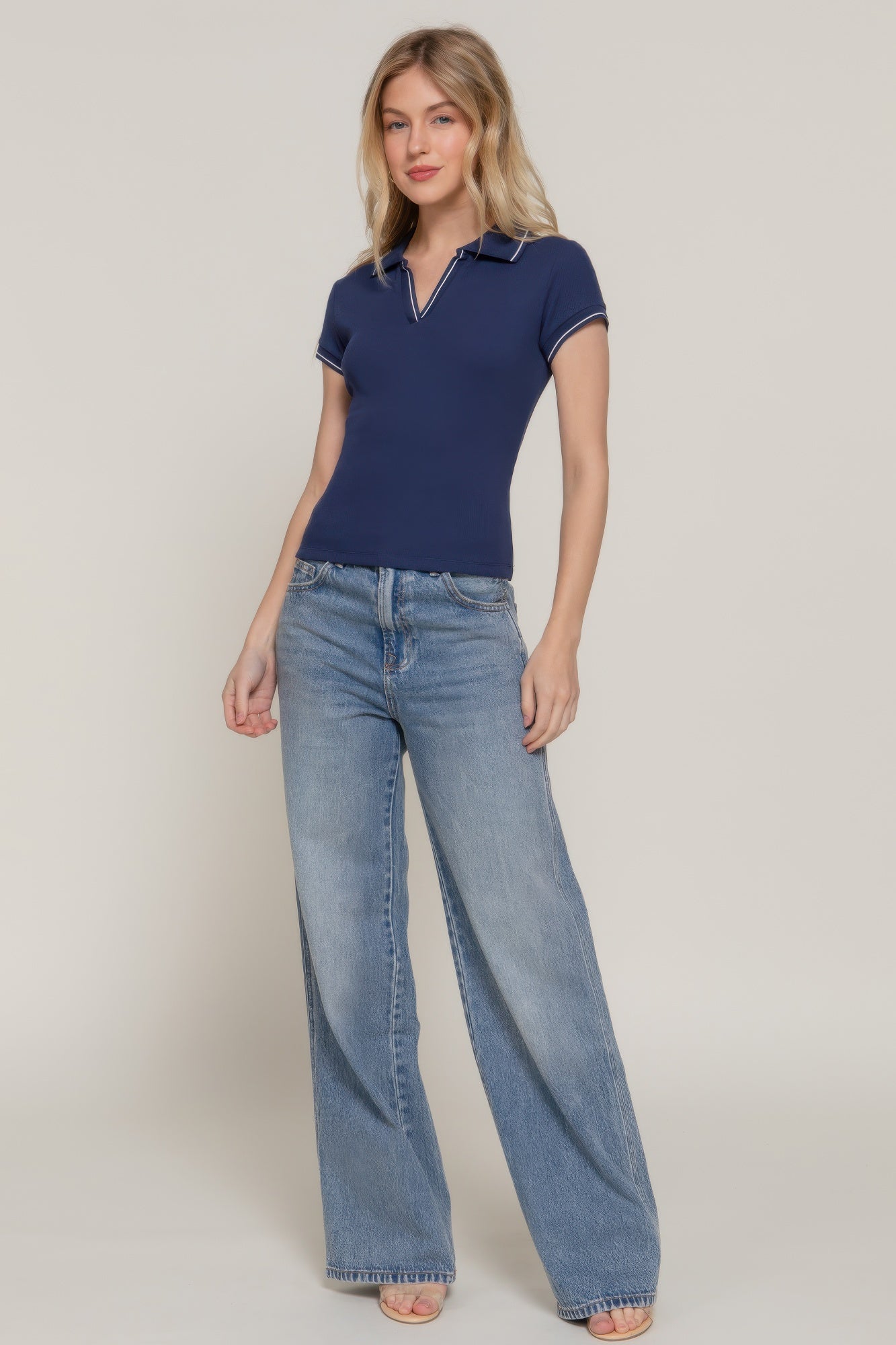 Short Slv Line Detail Polo Rib Knit Top - That Janis Style