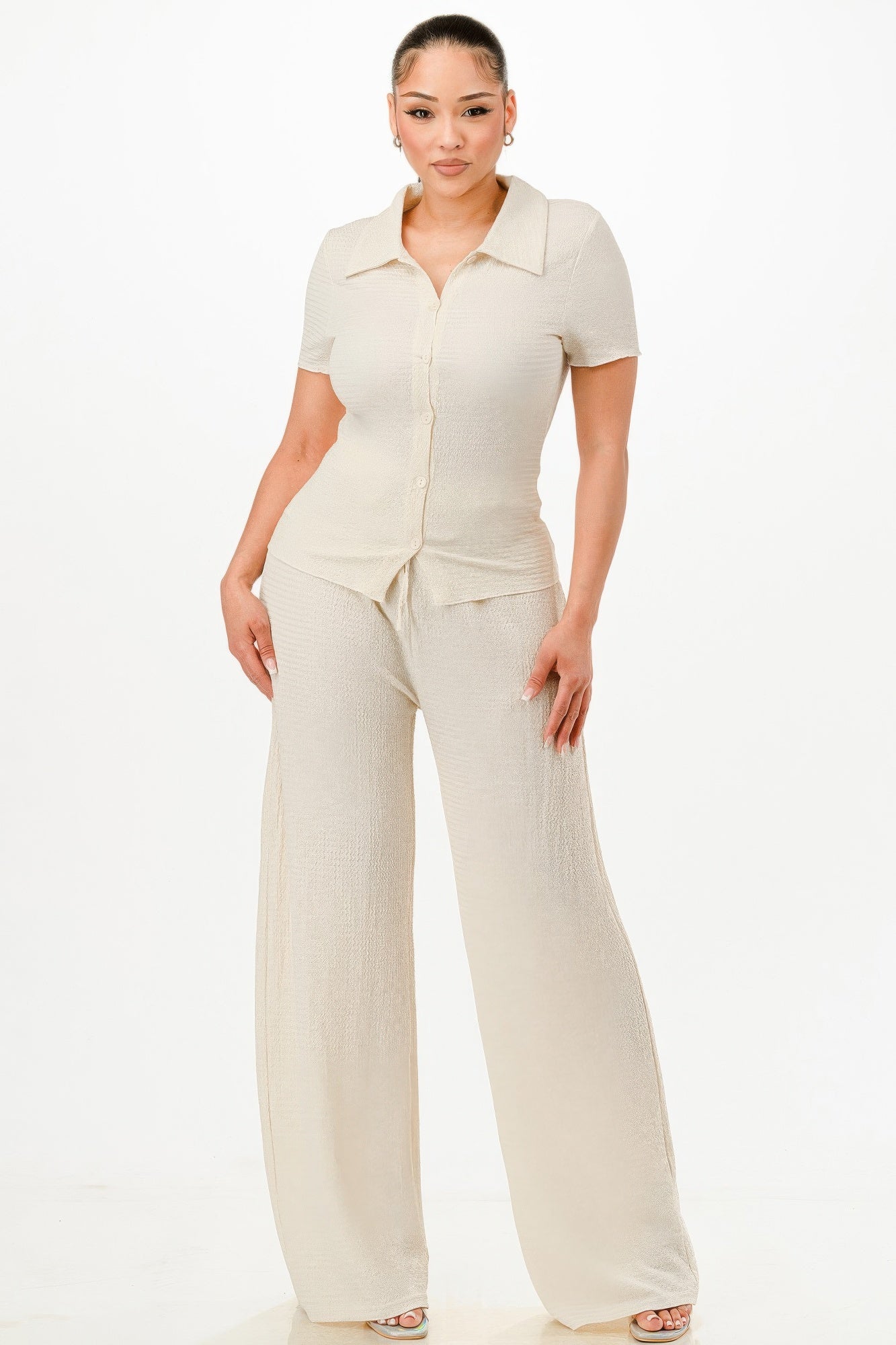 Textured Polo Top And Pants Set - That Janis Style