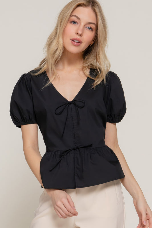 Short Puff Slv Tied Popline Top - That Janis Style