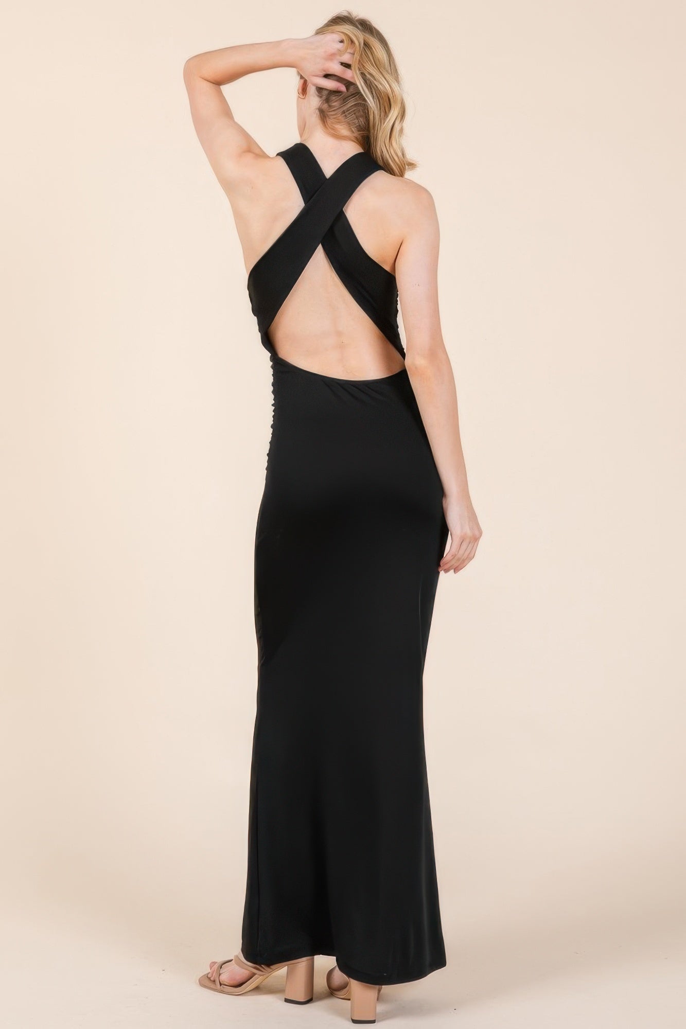 Cowl Neck Cross Back Shirring Maxi Dress - That Janis Style