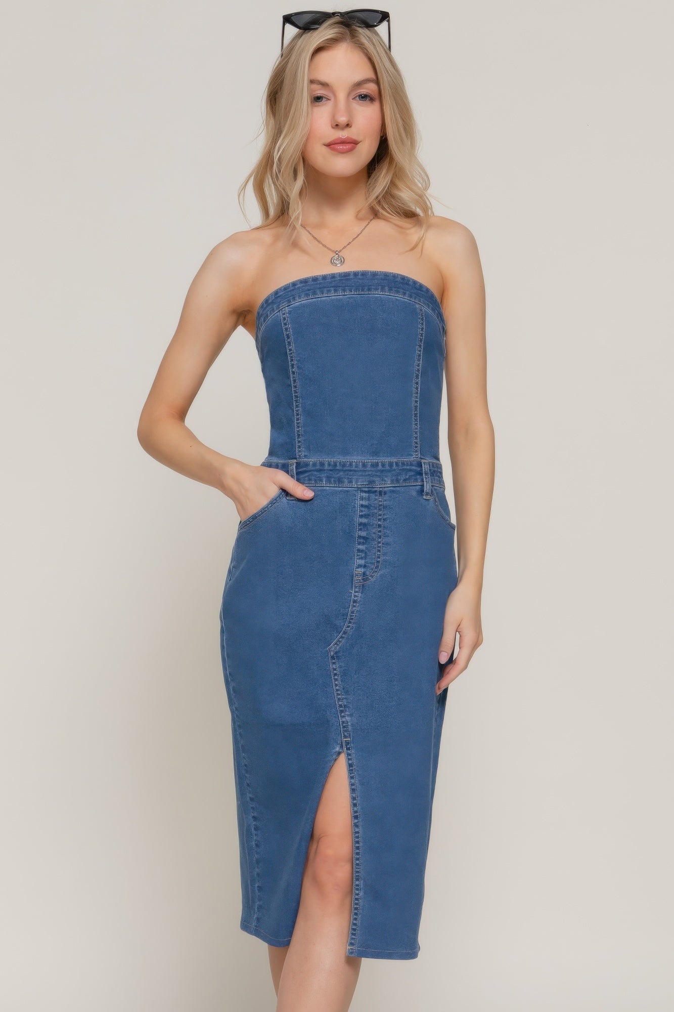 Stretch Denim Slit Tube Dress - That Janis Style