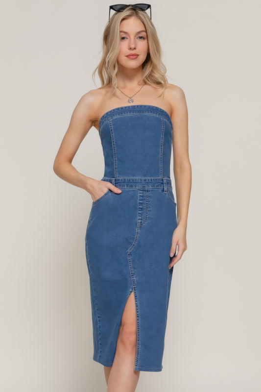 Stretch Denim Slit Tube Dress - That Janis Style