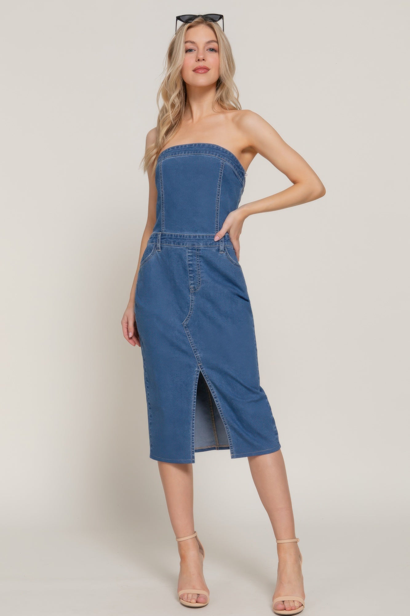 Stretch Denim Slit Tube Dress - That Janis Style