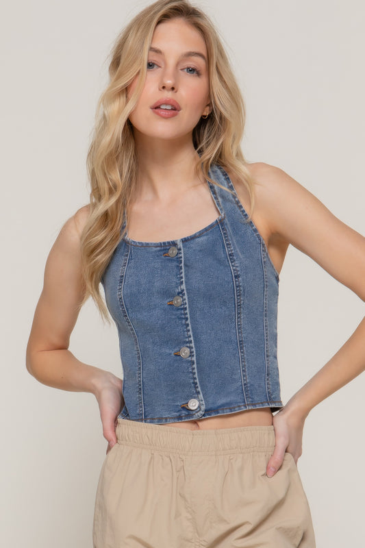Button Down Stretch Denim Halter Top - That Janis Style