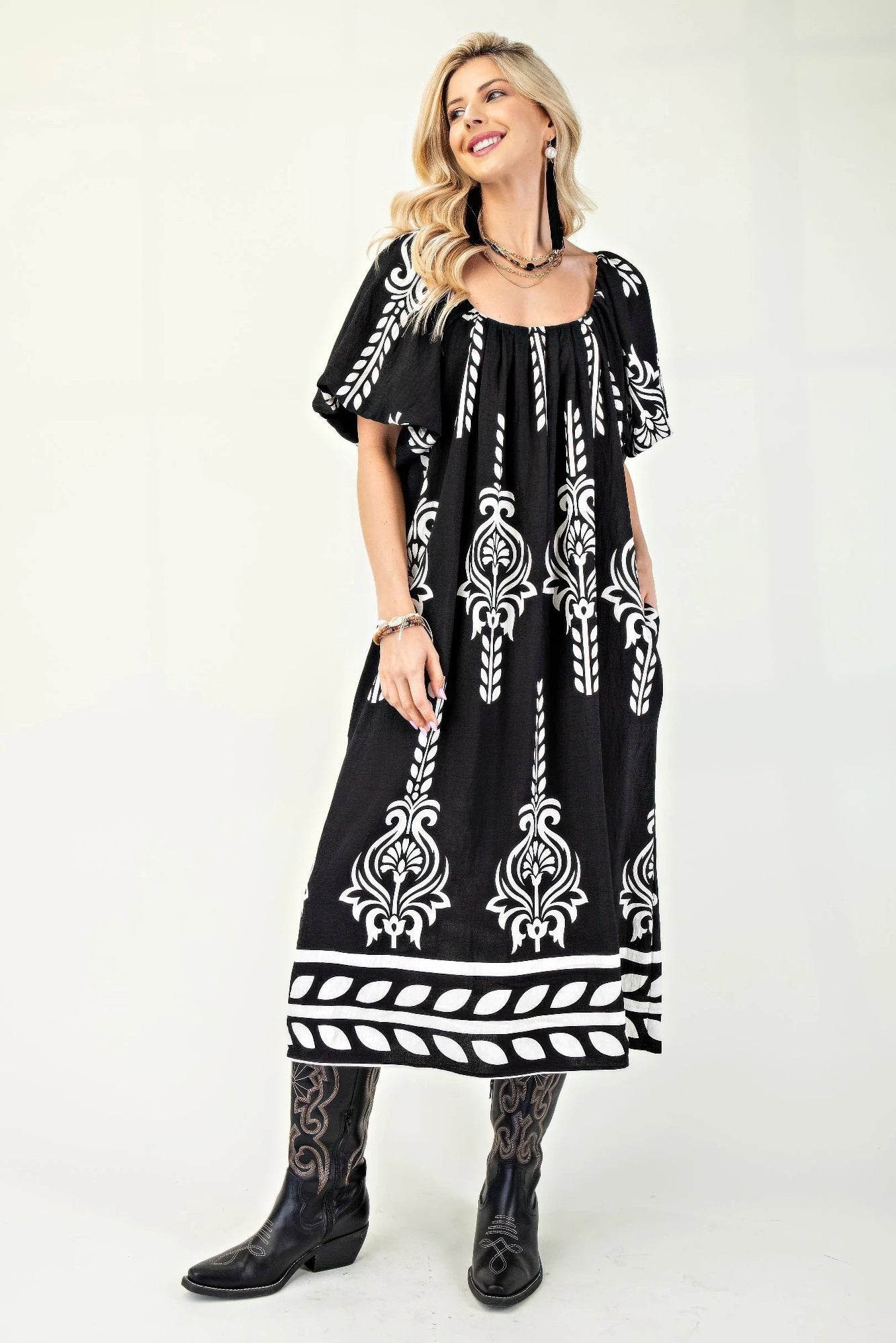 Printed Midi Dress With Short Puff Sleeves - That Janis Style