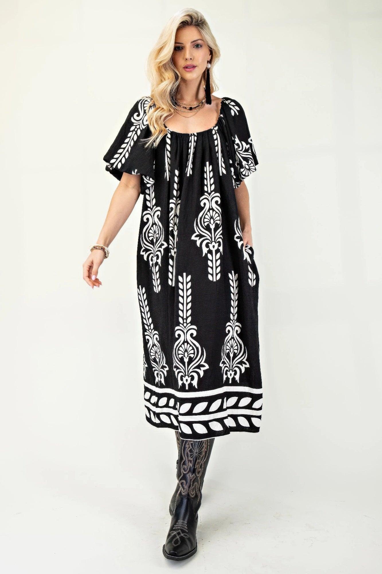 Printed Midi Dress With Short Puff Sleeves - That Janis Style