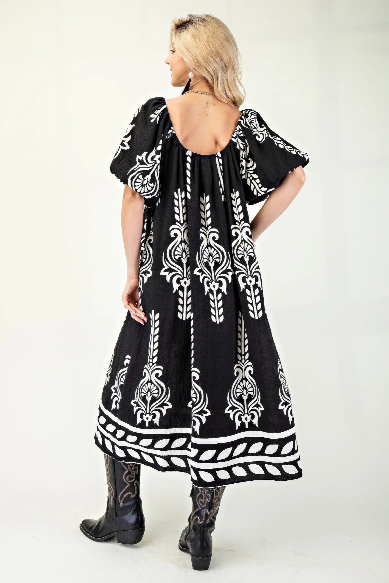 Printed Midi Dress With Short Puff Sleeves - That Janis Style