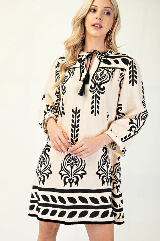 Printed 3/4 Sleeve Dress With Tassel Tie And Fringe Detail On Hem - That Janis Style