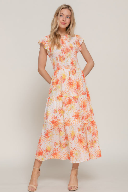 Ruffl Slv Smocked Floral Print Dresss - That Janis Style
