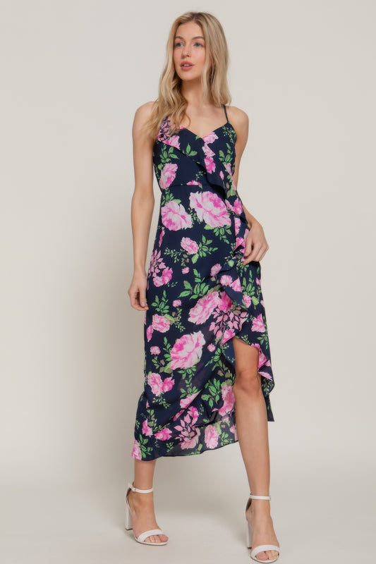 Floral Print Ruffle Slip Midi Dress - That Janis Style