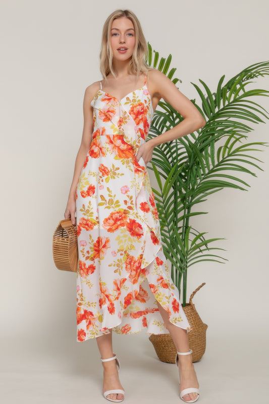 Floral Print Ruffle Slip Midi Dress - That Janis Style