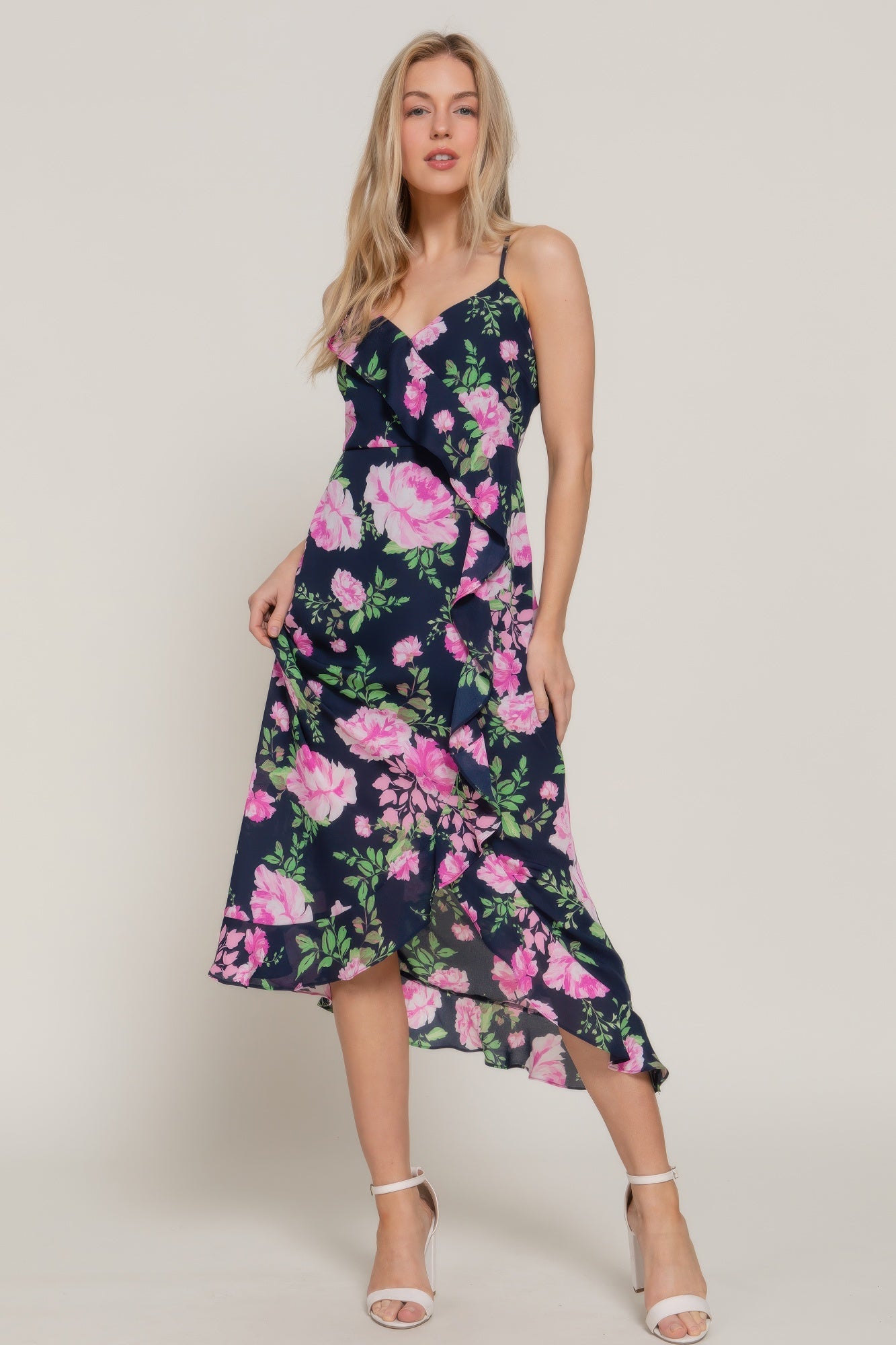 Floral Print Ruffle Slip Midi Dress - That Janis Style