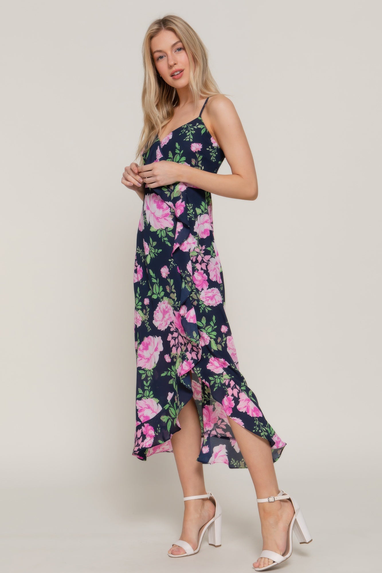 Floral Print Ruffle Slip Midi Dress - That Janis Style