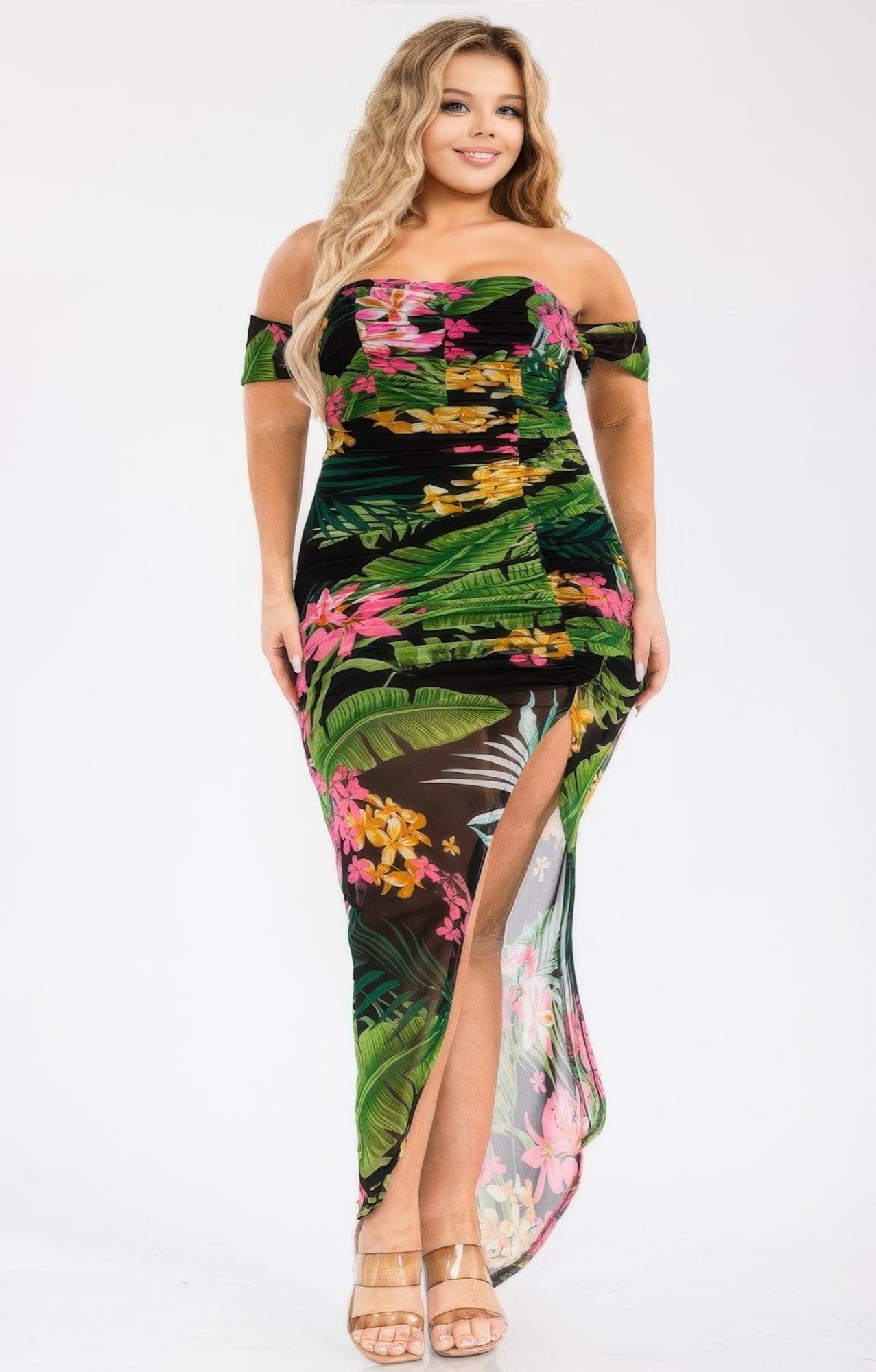 Plus Tropical Off Shoulder Draped Slv Maxi Dress - That Janis Style