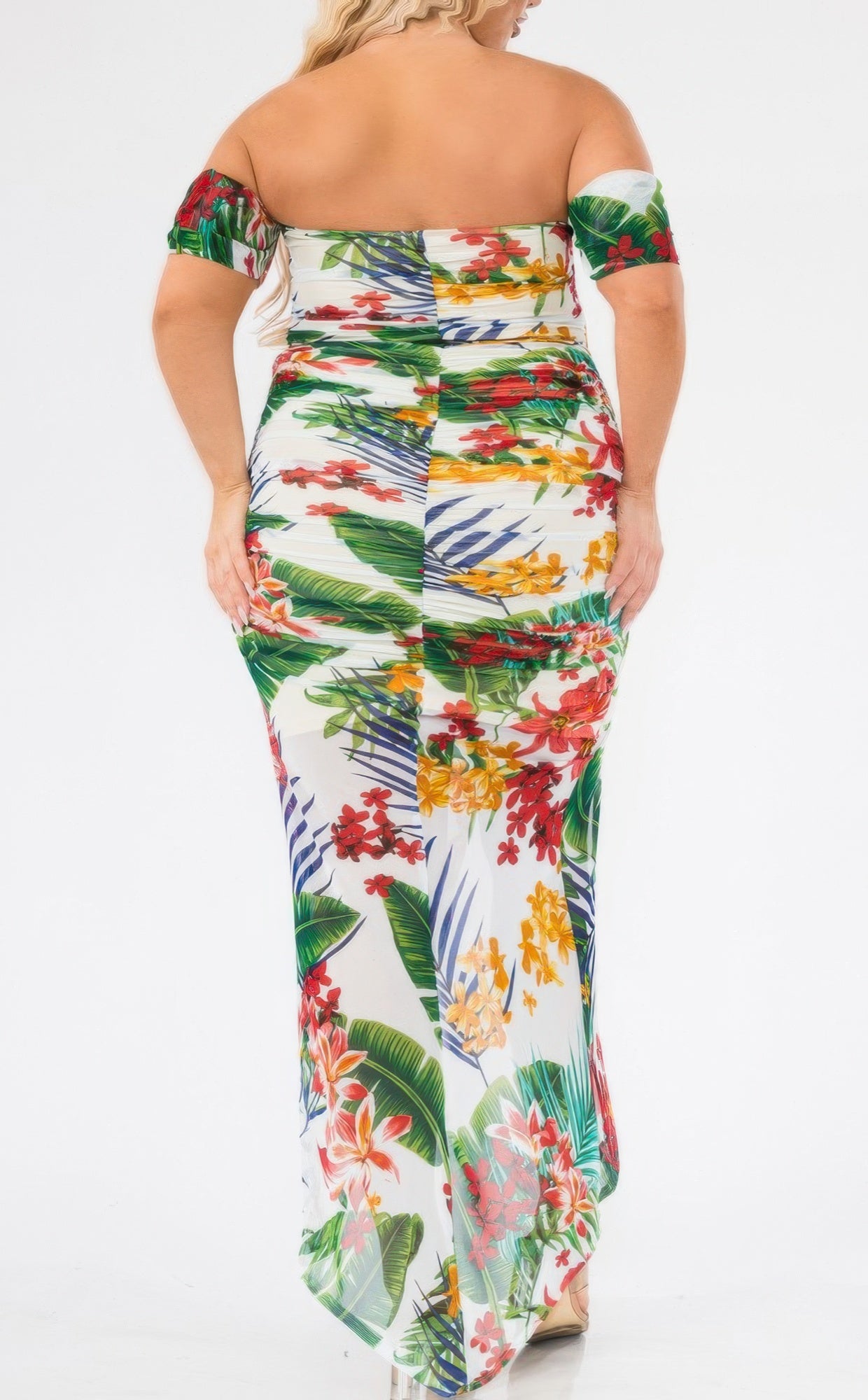 Plus Tropical Off Shoulder Draped Slv Maxi Dress - That Janis Style