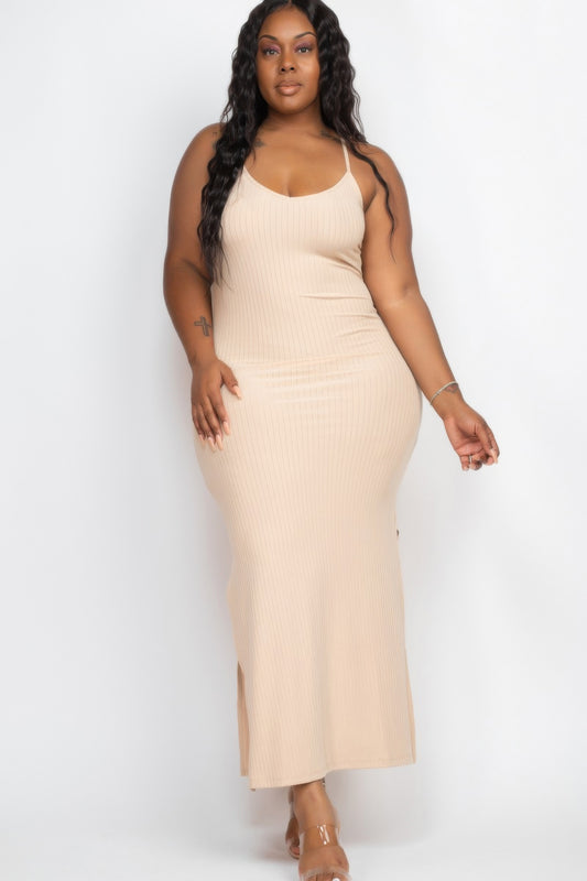 Plus Size Ribbed Side Slit Long Cami Maxi Dress - That Janis Style