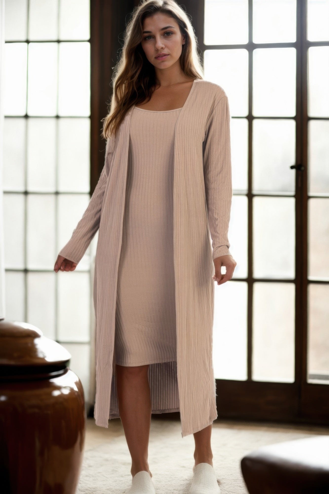 Ribbed Cardigan & Cami Midi Bodycon Dress - That Janis Style