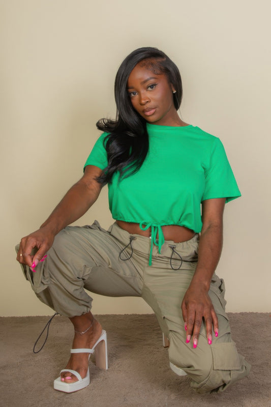 Tie Front Drawstring Short Sleeve Crop Top - That Janis Style