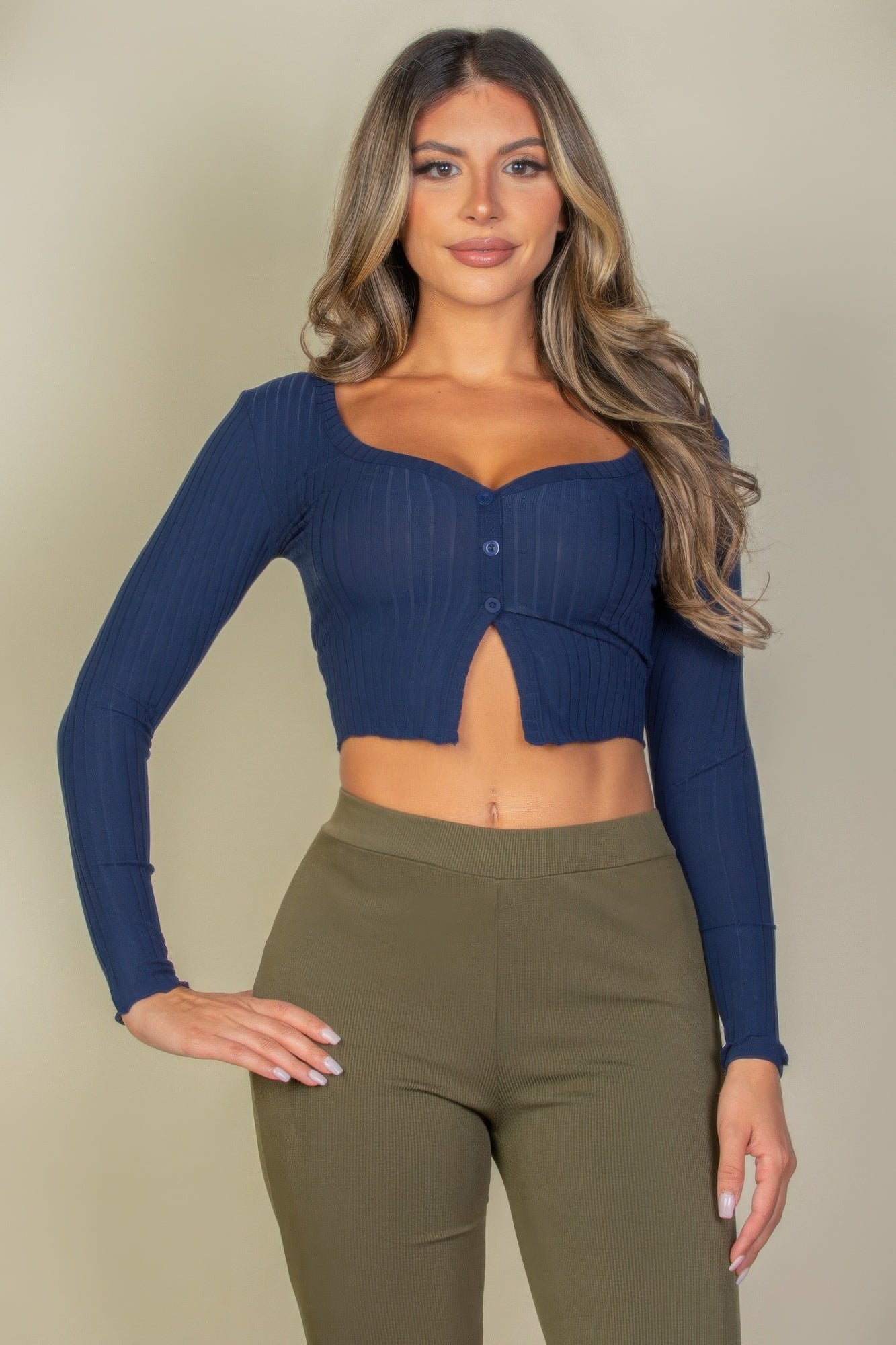 Ribbed Button Front Split Long Sleeve Top - That Janis Style
