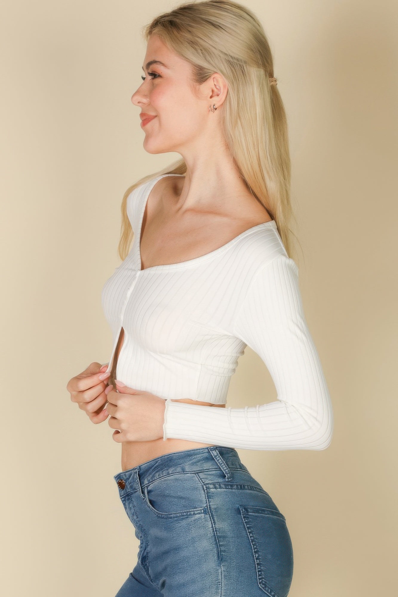 Ribbed Button Front Split Long Sleeve Top - That Janis Style