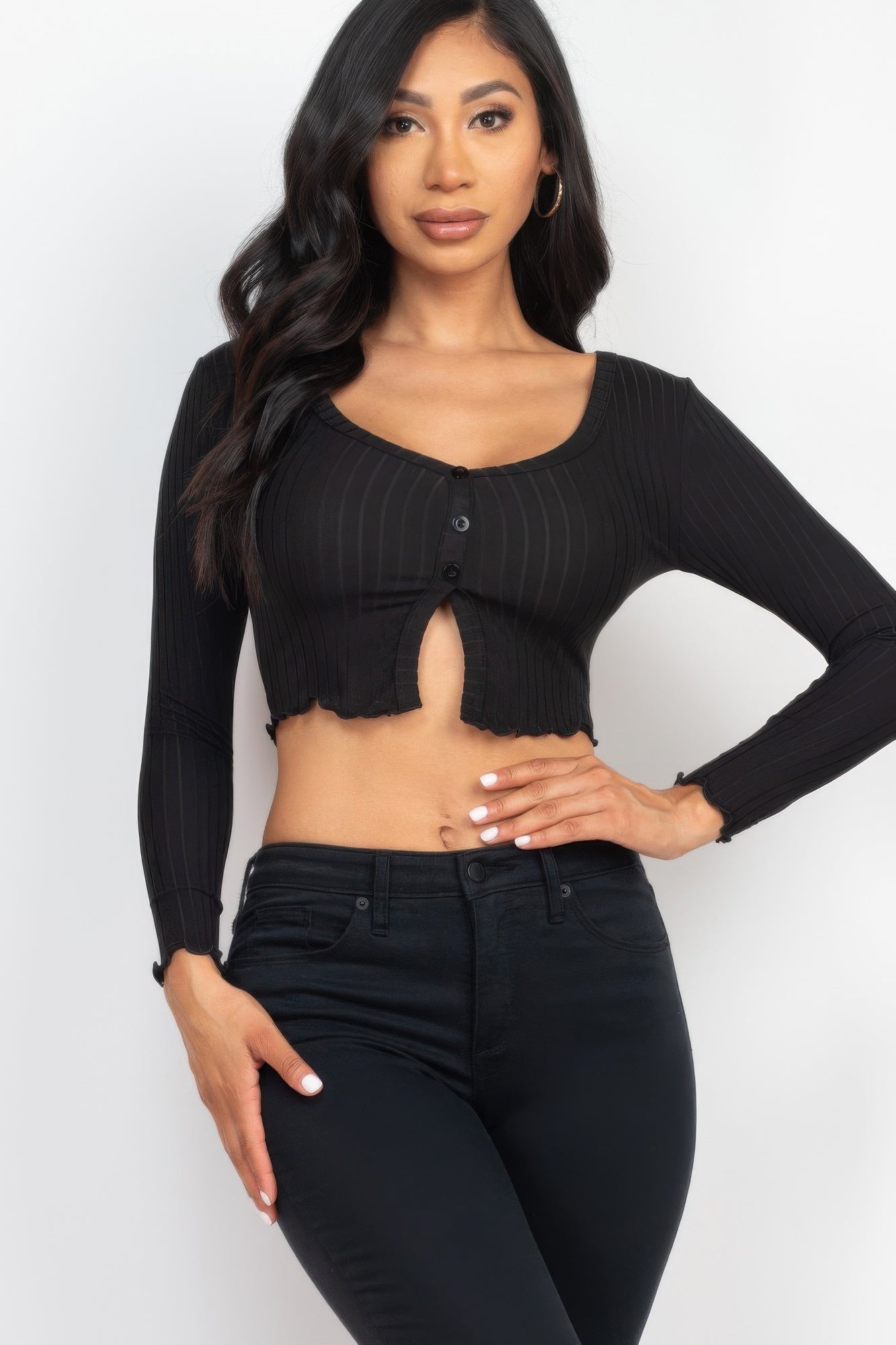 Ribbed Button Front Split Long Sleeve Top - That Janis Style