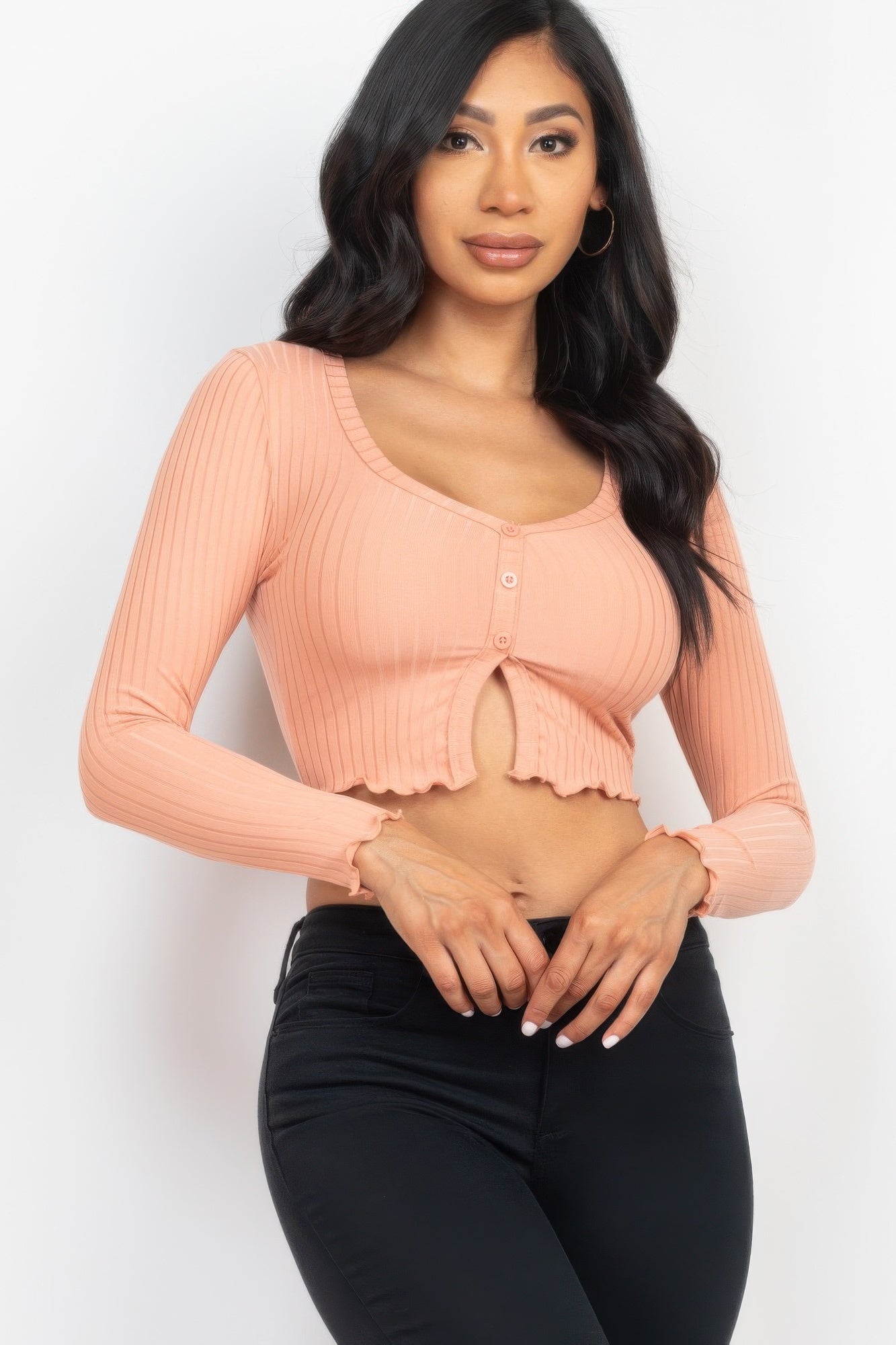 Ribbed Button Front Split Long Sleeve Top - That Janis Style
