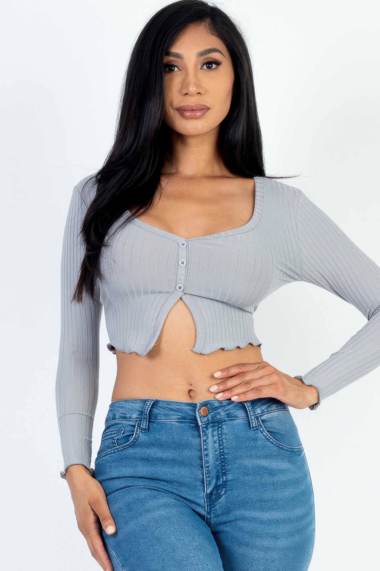 Ribbed Button Front Split Long Sleeve Top - That Janis Style