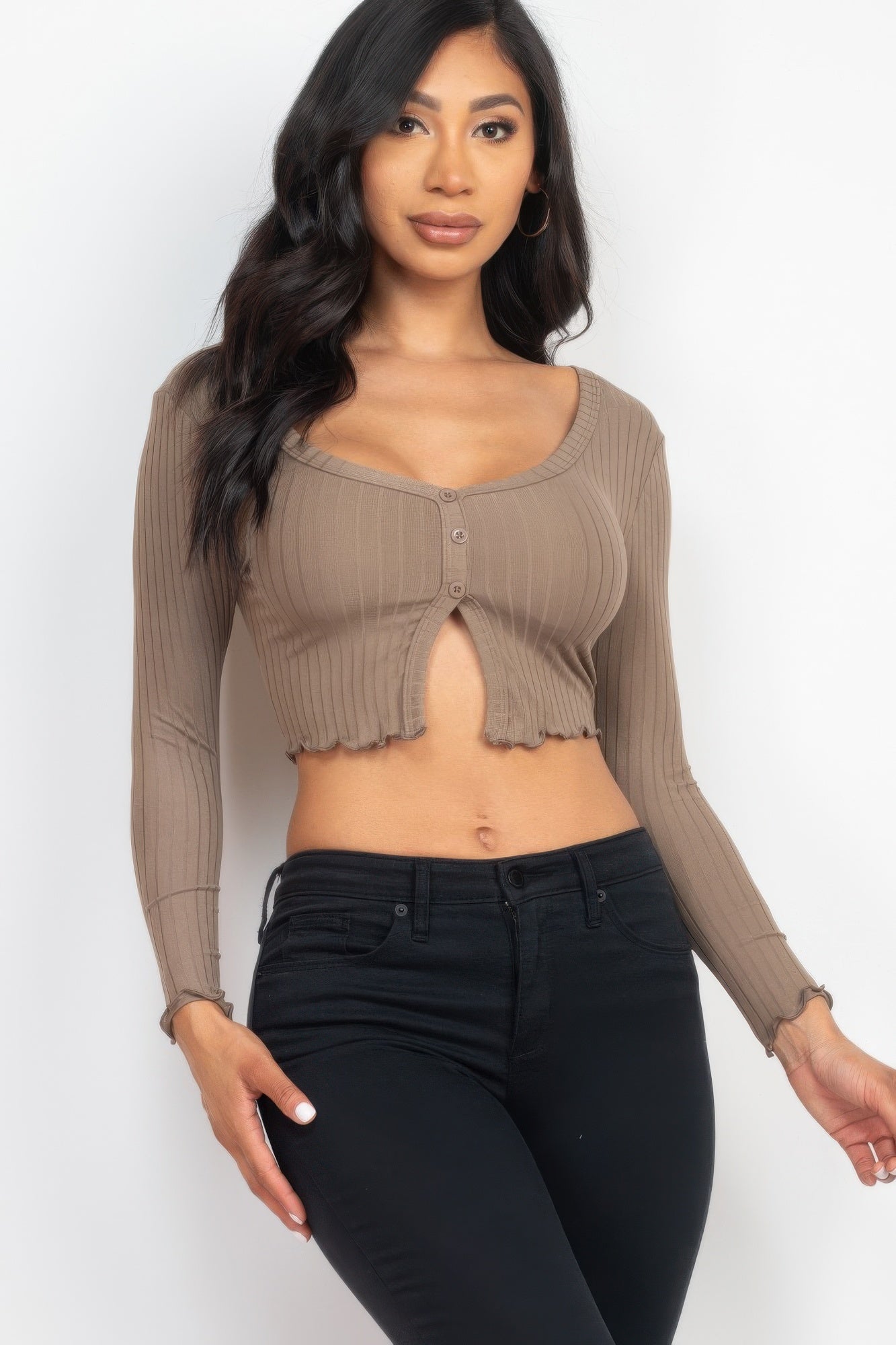 Ribbed Button Front Split Long Sleeve Top - That Janis Style