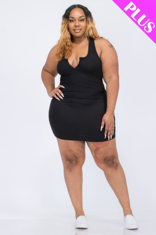 Plus Size Ribbed Split Neck Tank Mini Dress - That Janis Style