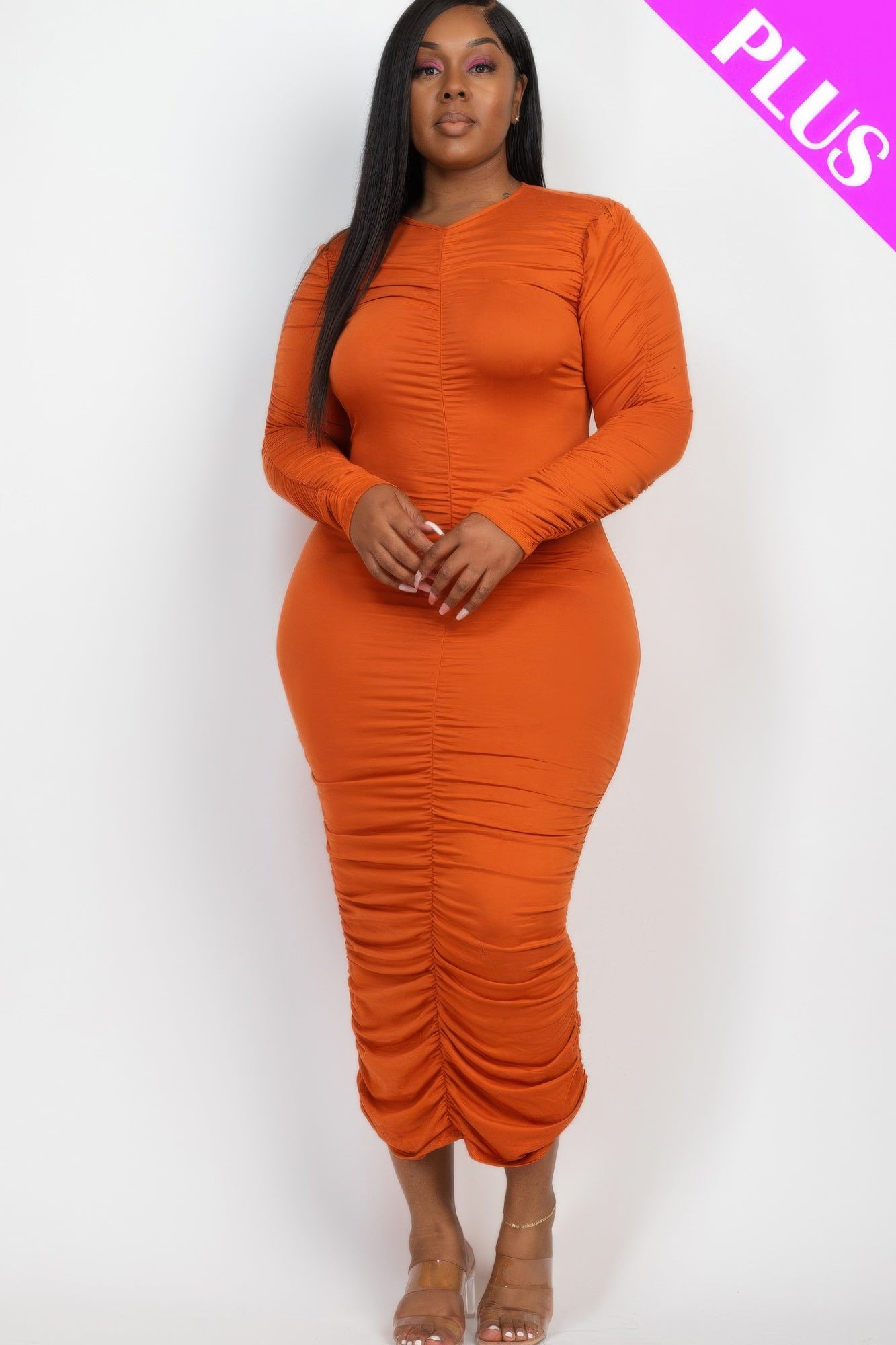 Plus Size Ruched Long Sleeve Midi Dress - That Janis Style