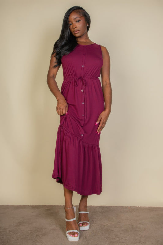 Button Front Tie Waist Sleeveless Maxi Dress - That Janis Style