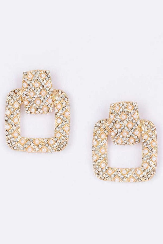 Rectangle Link Faux Pearlrhinestonedangle Earrings - That Janis Style