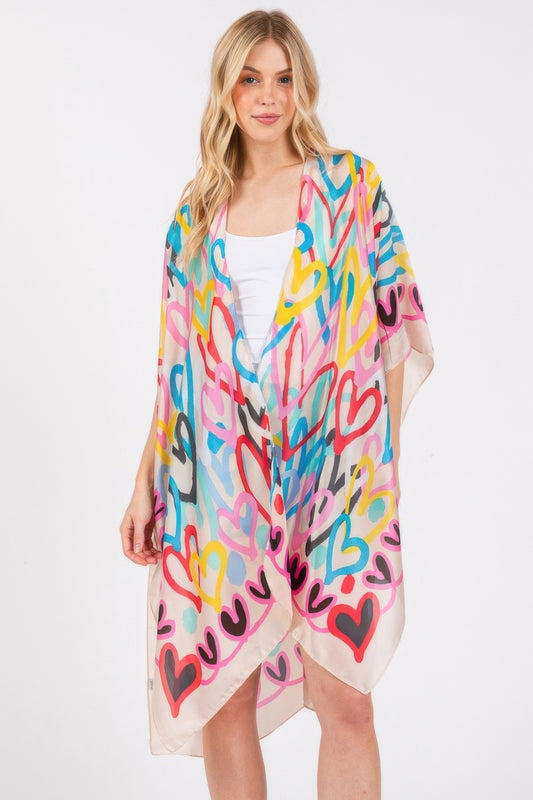 Multi Colored Heart Print Silky Feel Kimono - That Janis Style