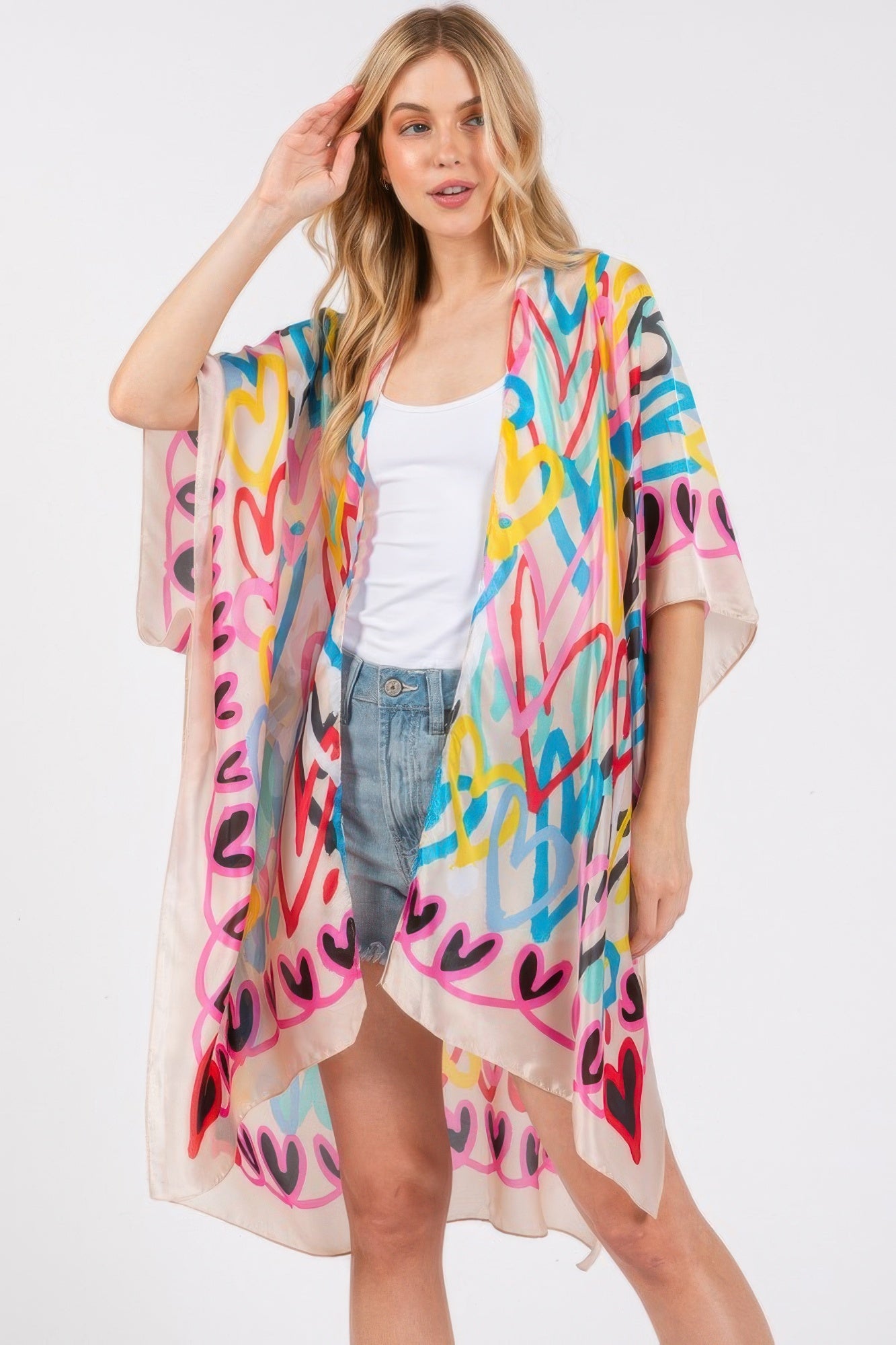Multi Colored Heart Print Silky Feel Kimono - That Janis Style