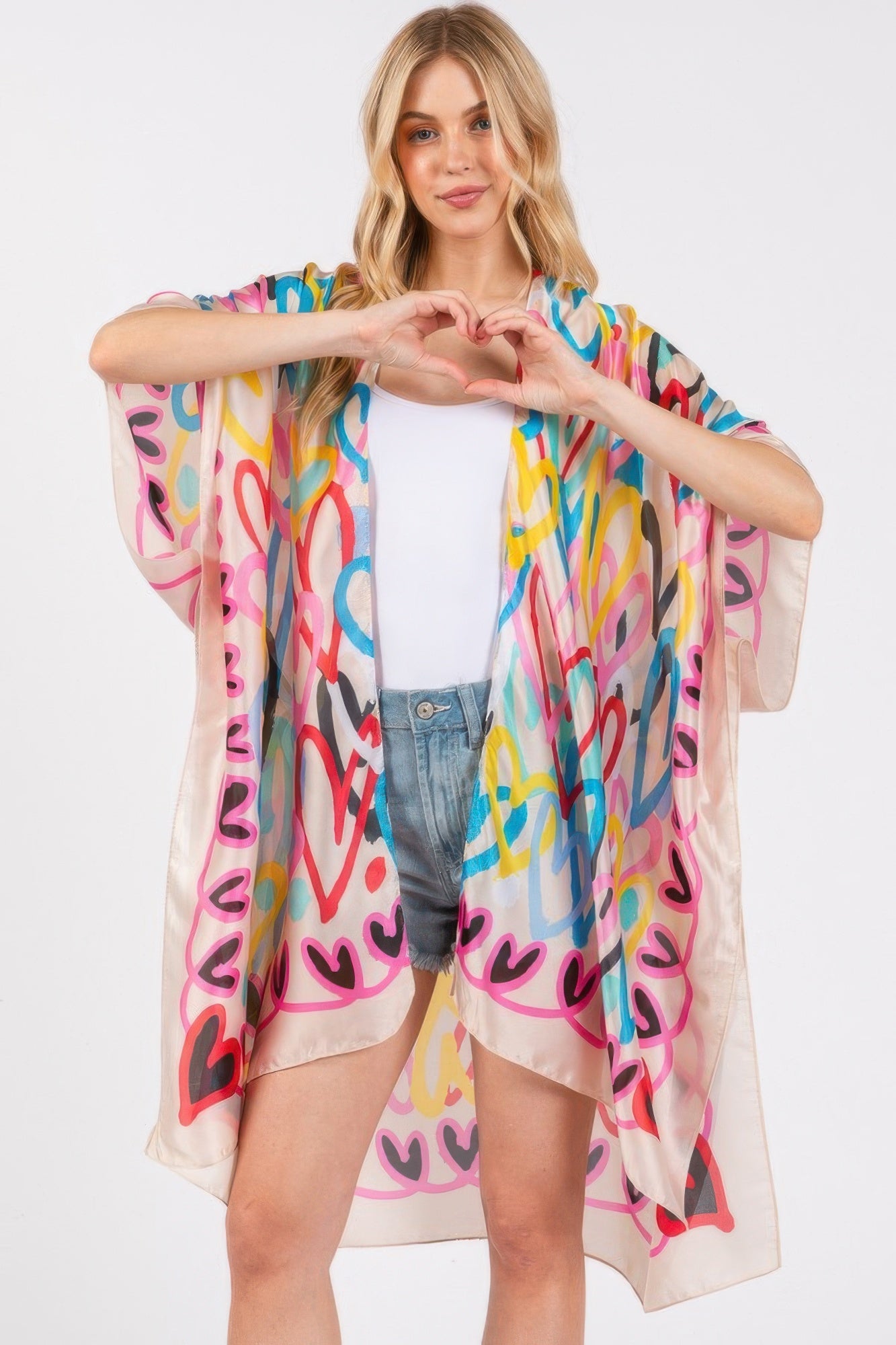Multi Colored Heart Print Silky Feel Kimono - That Janis Style