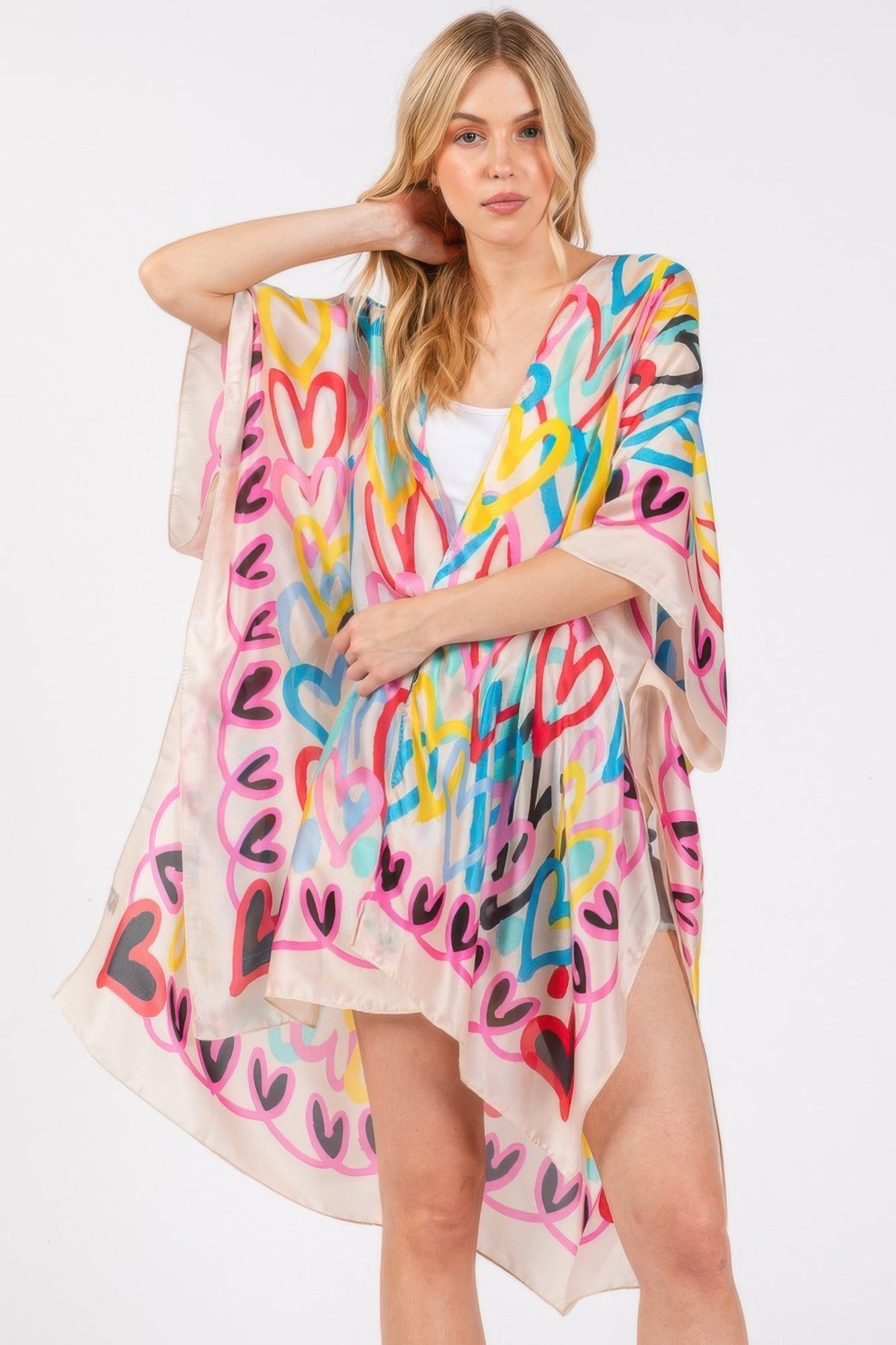 Multi Colored Heart Print Silky Feel Kimono - That Janis Style