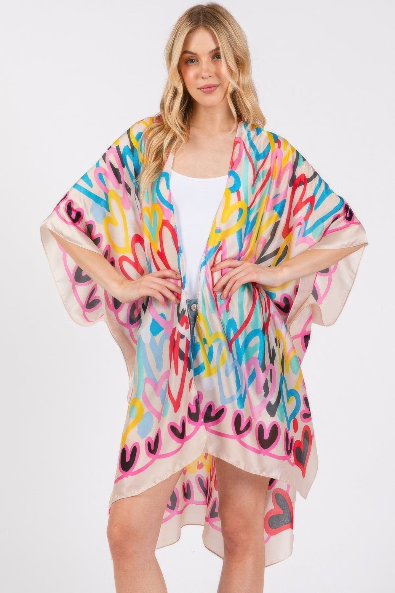 Multi Colored Heart Print Silky Feel Kimono - That Janis Style